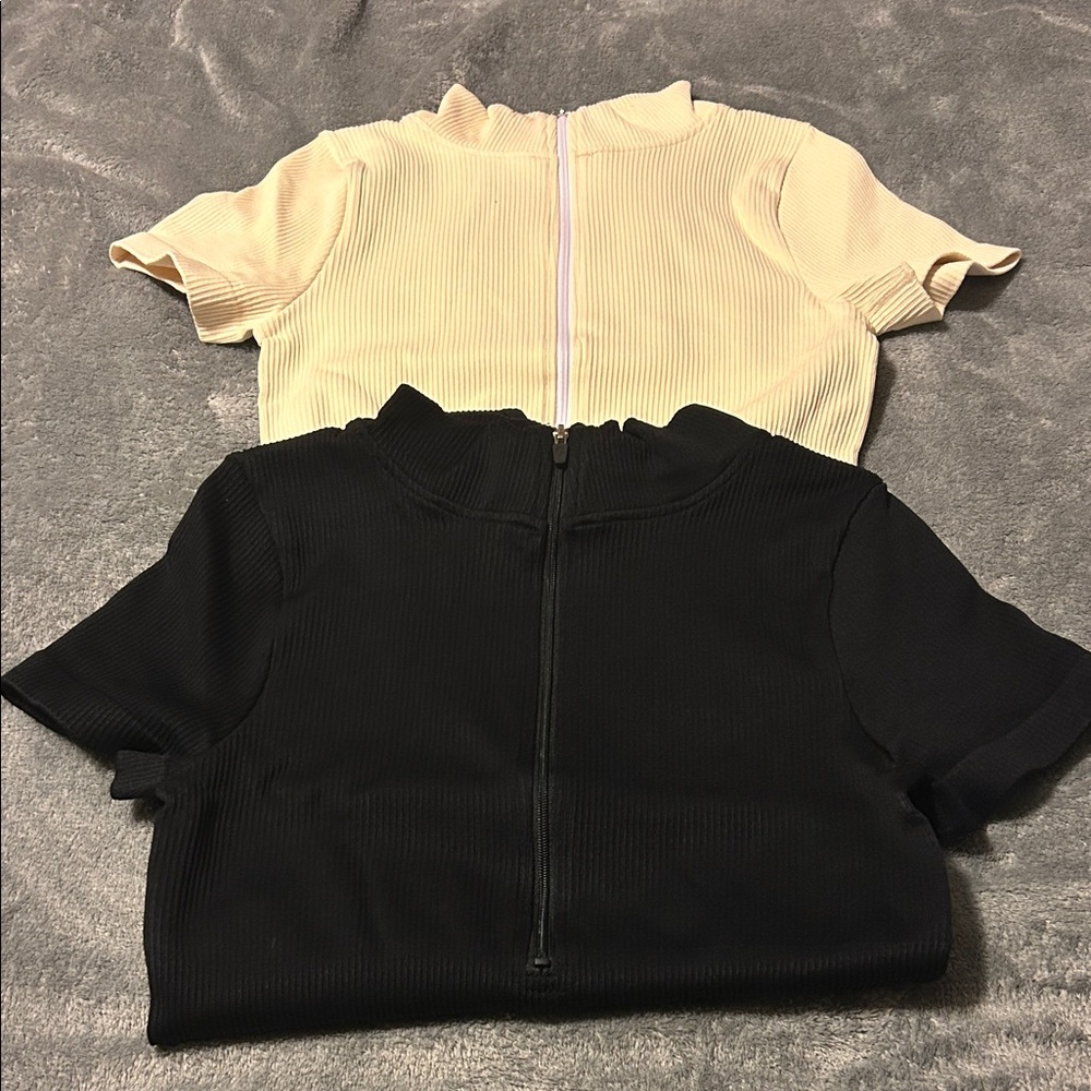 OQQ Ribbed Mock Neck Bodysuits in Black and Cream